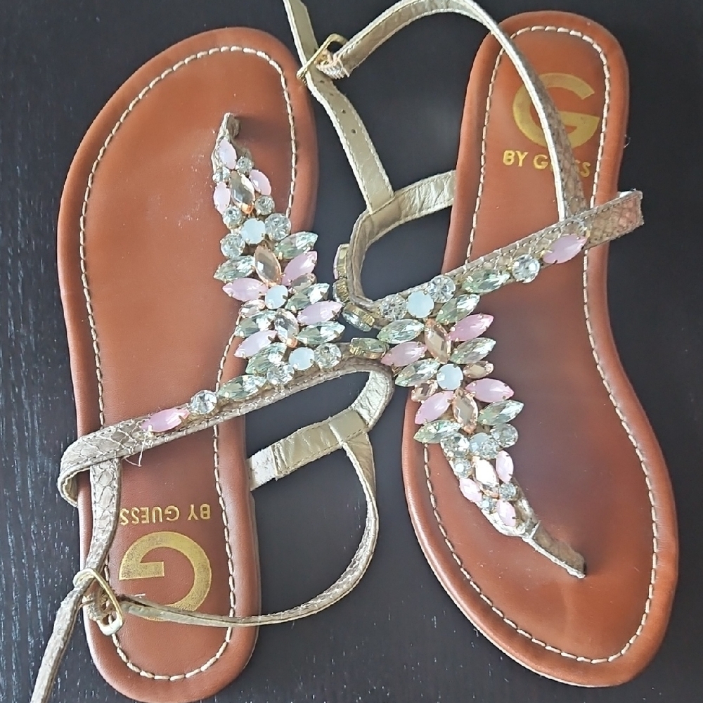 Guess Gold and Brown Sandals with Gem Accents